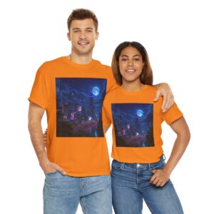 Cyberpunk Cityscape T-Shirt, Futuristic Metropolis Tee, Sci-Fi Night Scene Shirt, Moonlit City Apparel, Urban Future Top