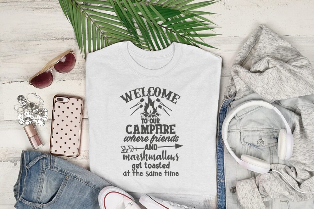Welcome to Our Campfire Friends Marshmallows Toasted Funny Camping T-Shirt | Cozy Bonfire Outdoor Tee | Glamping Gift